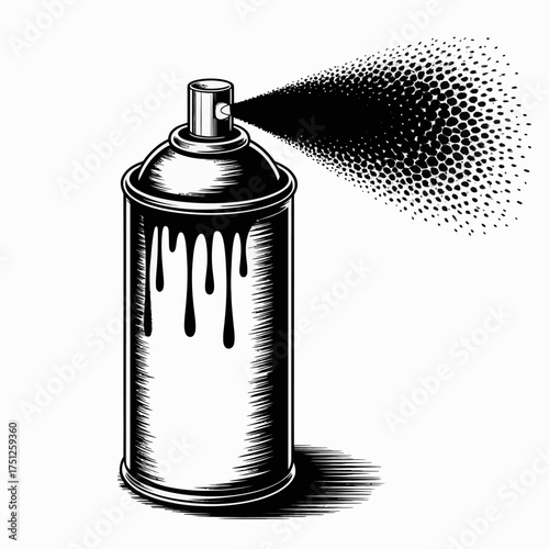 Monochrome spray paint can spraying isolated on white background for artistic endeavors and creative projects involving graffiti and street art