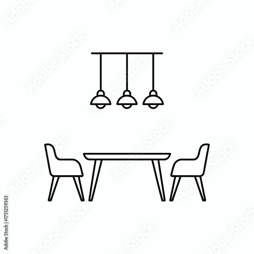 Minimalist dining room line art illustration with table chairs and pendant lights in a modern home interior design concept