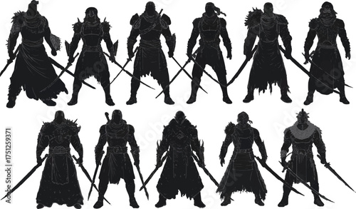 Ninja assasin black warrior with swords silhouette Illustrator Artwork