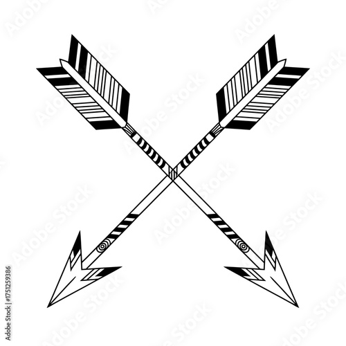 Crossed Arrows Black and White Line Art Illustration Native American Tribal Design Decorative Element Isolated on White Background Minimalist Style Graphic