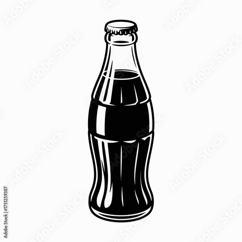 Isolated iconic black and white soda bottle graphic illustration with clean lines and a timeless design on white background