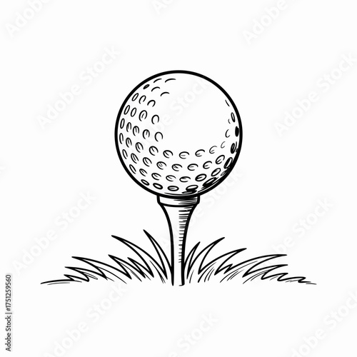 Golf Ball on Tee in Grassy Field Black and White Illustration Ready for the First Swing