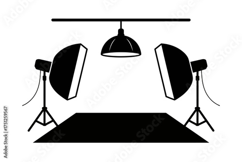 Photography Studio Lighting Setup Illustration with Softboxes Overhead Light and Background Black and White Professional Equipment for Visual Art