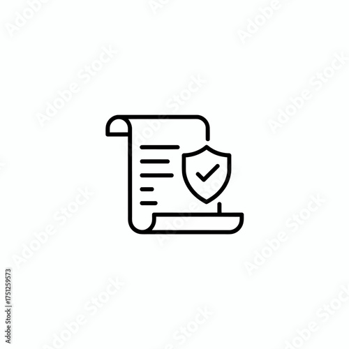Document security icon with check mark and shield symbol for policy protection and safety guarantees outline vector isolated illustration