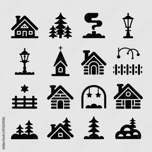 Collection of minimalist silhouette icons featuring houses trees and outdoor elements for vector graphics silhouette