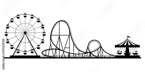 Amusement Park Rides Silhouette including Ferris Wheel Roller Coaster and Carousel for Fun Fair Theme Park Designs