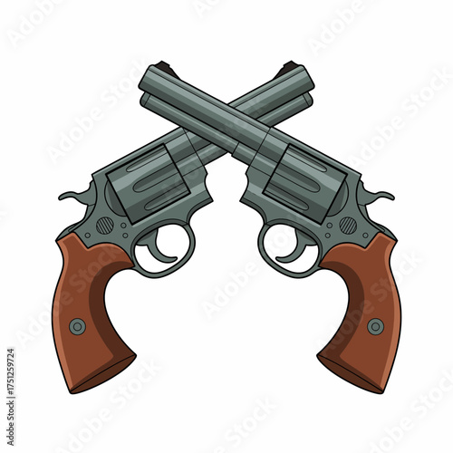 Two Crossed Revolvers Symbolizing Conflict and Law Enforcement Representing Safety and Danger with a Vintage Design on White Background
