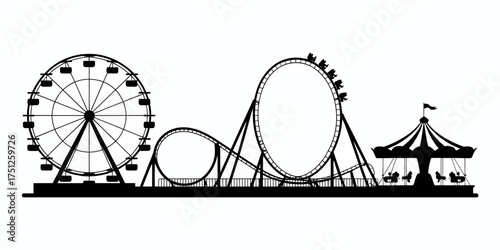 Amusement Park Silhouette with Ferris Wheel Roller Coaster and Carousel for Entertainment and Recreation in Black and White