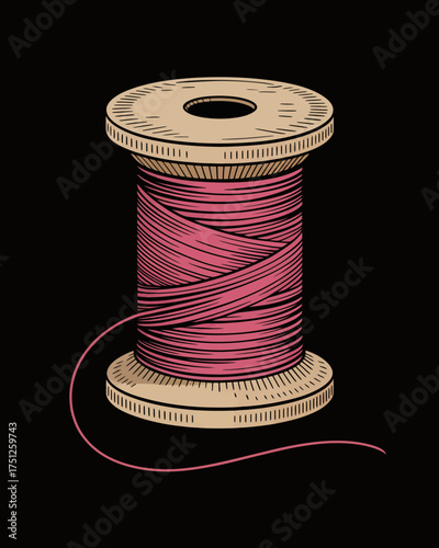 Illustration of a pink thread spool for sewing projects and crafting hobby with black background for design elements