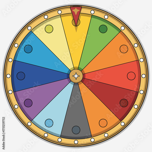 Colorful Prize Wheel Illustration with Pointer and Different Color Sections for Games and Promotions Ideal for Casino Designs