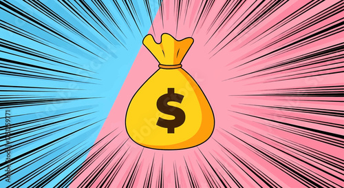 Business success and financial growth with a pop art cartoon money bag. Wealth, investment, and finance reward