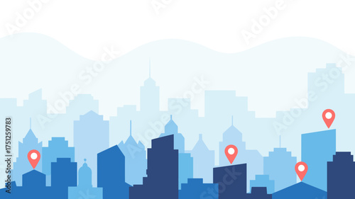 Cityscape Silhouette with Location Markers Blue Urban Landscape and GPS Navigation for Travel and Urban Exploration Vector Illustration