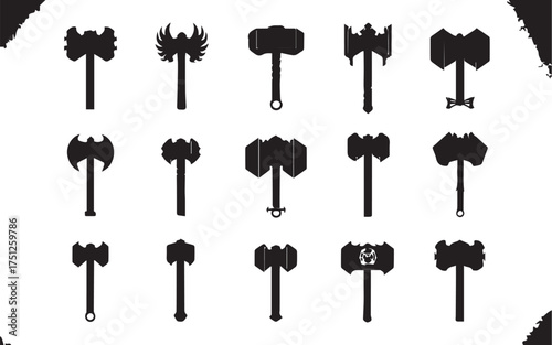Set of diverse mjolnir hammer silhouette vector illustration Illustrator Artwork