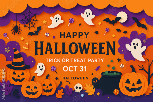 Happy halloween party poster design with pumpkins ghosts bats and candies on vibrant orange background for october trick or treat event