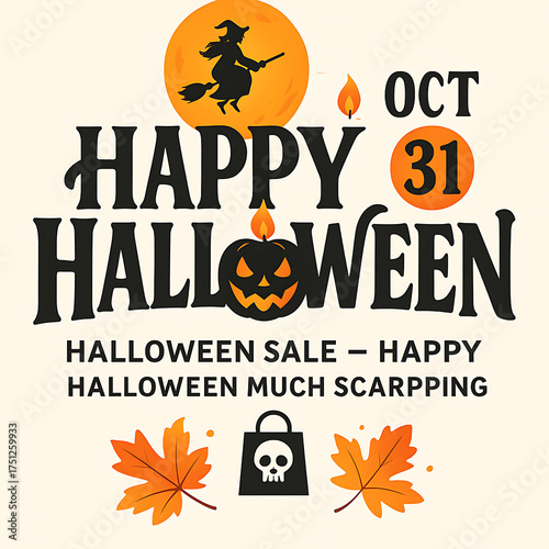 Happy halloween sale poster with pumpkin, witch, moon, and autumn leaves design for october spooky season celebration and shopping promotion