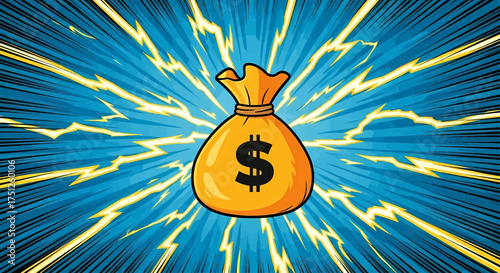 Pop art money bag with dollar symbol. Cartoon comic style for business success, financial growth, wealth, investment