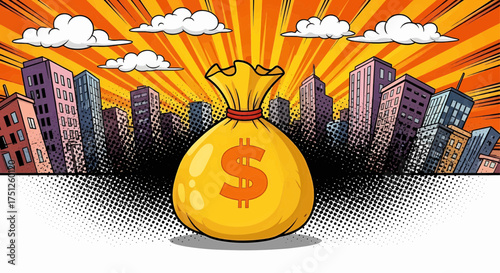 A pop art cartoon of a wealthy money dollar bag for business success, financial growth, and rich investment prize