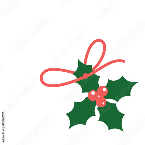 Christmas holly sprig with red ribbon bow on white background