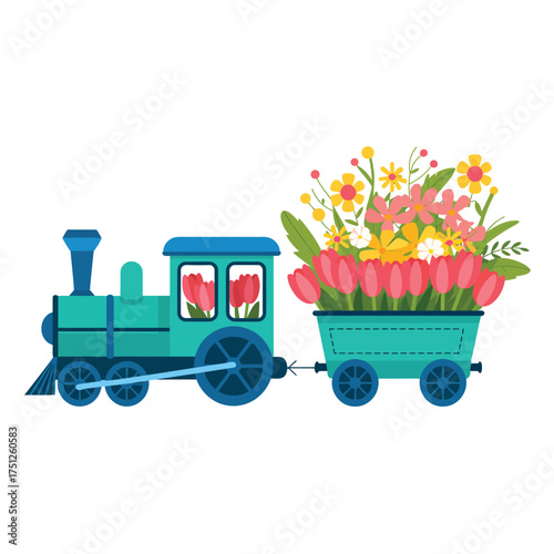 Turquoise toy train carrying a colorful bouquet of spring flowers