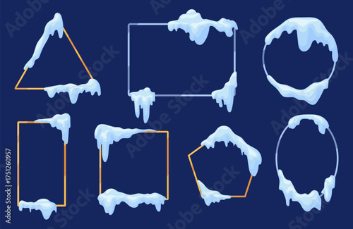 Snow cap frames. Winter frame snowy roof effect, melt icicles arctic frost border ice ring christmas snowflake circle shape borders banner abstract design, neat vector illustration original artwork