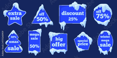 Snow cap banners. Ice winter badges, christmas sale discount tag promotion stickers offer discount price frozen snowy header frame text place circle shape, neat vector illustration original artwork