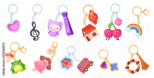 Cartoon keychains. Keyrings, key holder with trinket doll on chain ring fob decorative pendant for door keys bag keychain tag design hanging accessory, set neat vector illustration original artwork