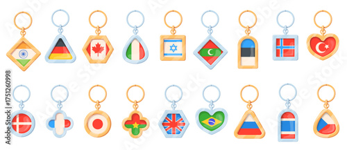 Travel keychains. Keyrings with world flags logo labels, tourist promotion tour advertising key chain india canada brazil country tags global marketing, neat vector illustration original artwork