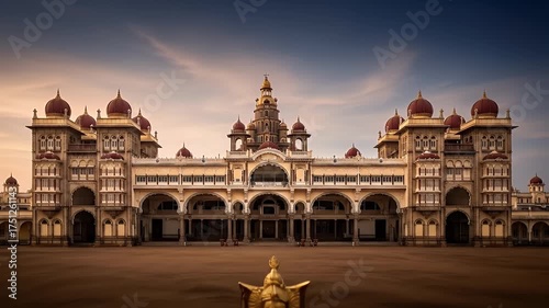 Magnificent Palace Facade Under a Dramatic Twilight Sky Featuring Intricate Architecture and a Central Golden Statue in an Open Courtyard