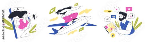 Smm people concept. Social media network marketing, digital content creator pr manager influencer blogger phone follow promote strategy online influence, classy vector illustration original artwork