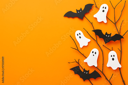 Paper cut halloween decoration with flying bats and ghosts on orange background for spooky october holiday celebration flat lay concept
