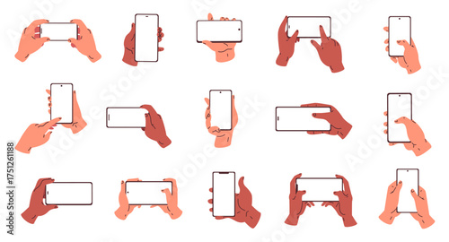 Hands holding blank phones. Hand hold smartphone horizontal vertical position, cell phone pose mockup finger touch screen gesture mobile template set, classy vector illustration original artwork