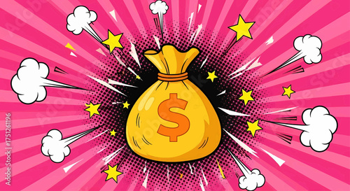 Business success with a wealthy pop art money dollar bag explosion, a comic style concept for financial growth