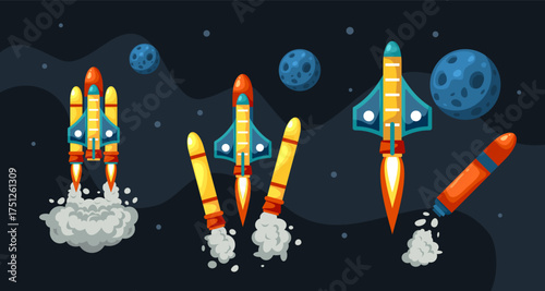 Shuttle fly stages. Rocket launch station stage, spaceship takeoff missile booster separation satellite rocketship engine start up smoke cosmic orbit, kicky vector illustration original artwork
