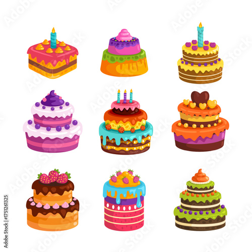 Cartoon birthday cakes. Chocolate cake with candle on table plate, party celebration pie wedding celebration sweet food cream cute design holiday dessert kicky vector illustration original artwork