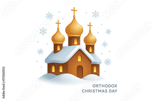 Snow covered orthodox church with glowing windows and golden domes celebrating christmas in peaceful winter background illustration