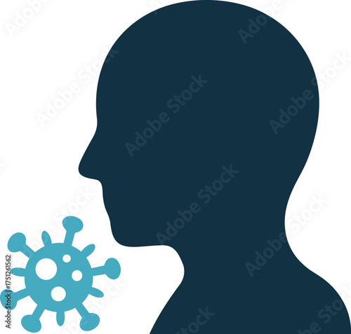 Illustration of human silhouette with a virus particle conceptualizing illness and respiratory infection.