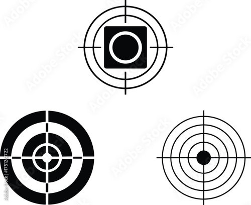 Simple black and white vector illustrations of diverse target icons and shooting range elements