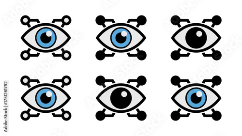 Vector art of collection of cyber security eye icons, representing surveillance, data protection, and privacy in the digital age