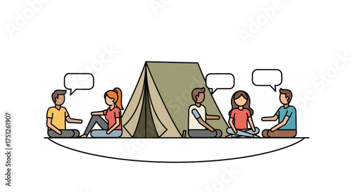 Diverse group of people sitting around a tent engaged in conversation with speech bubbles.