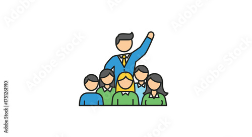 Confident business leader with arm raised guiding a diverse team icon illustration.
