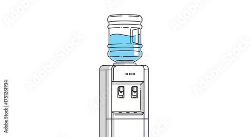 White water cooler dispenser with blue water bottle and dispensing taps.