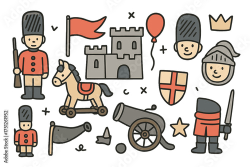 Toy Soldiers Icon Set. Toy soldiers doodle icon set: hand drawn icons of figurines, castle, horse, cannon, flag, crown, star,