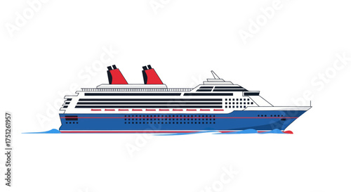 Blue and White Cruise Ship with Red Funnels Sailing on Water.