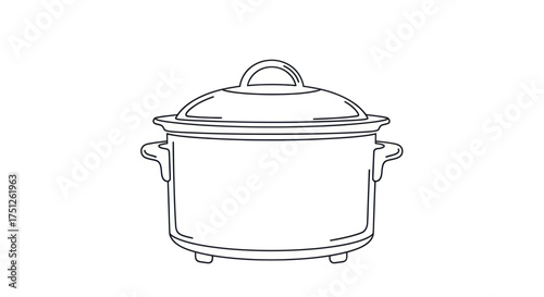 Simple Line Drawing of a Classic Cooking Pot with Lid and Handles.