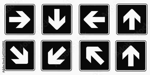 Set of eight black and white directional arrows icons for navigation and guidance silhouette