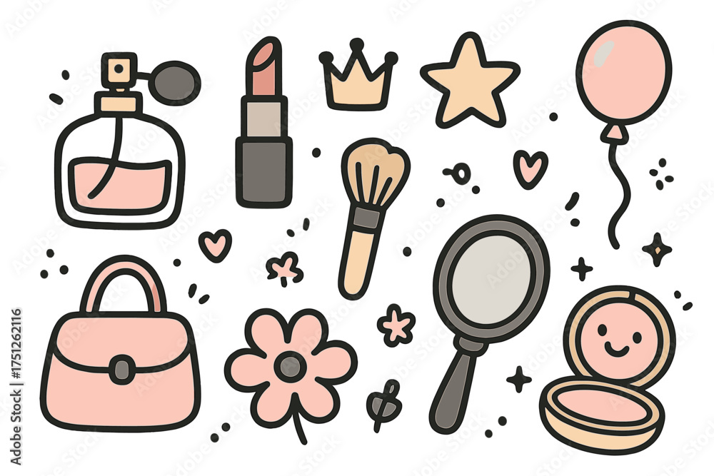 Fototapeta premium Cute Perfume Doodle Icons. Perfume doodle icon set: hand drawn icons of perfume bottle, lipstick, brush, crown, star, balloon, bag