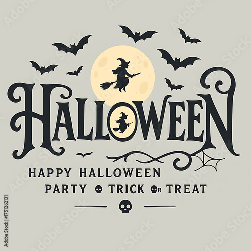 Vintage halloween party poster with witch flying under full moon and bats in eerie night for october trick or treat celebration background