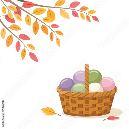 Autumn basket overflowing with colorful yarn and falling leaves