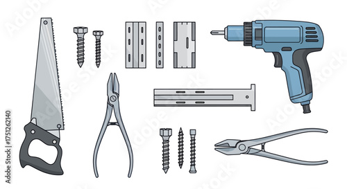 Essential construction and DIY tools: saw power drill screws hinges pliers cutters.