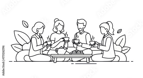 Four friends enjoying a relaxed tea gathering with cups and teapot.